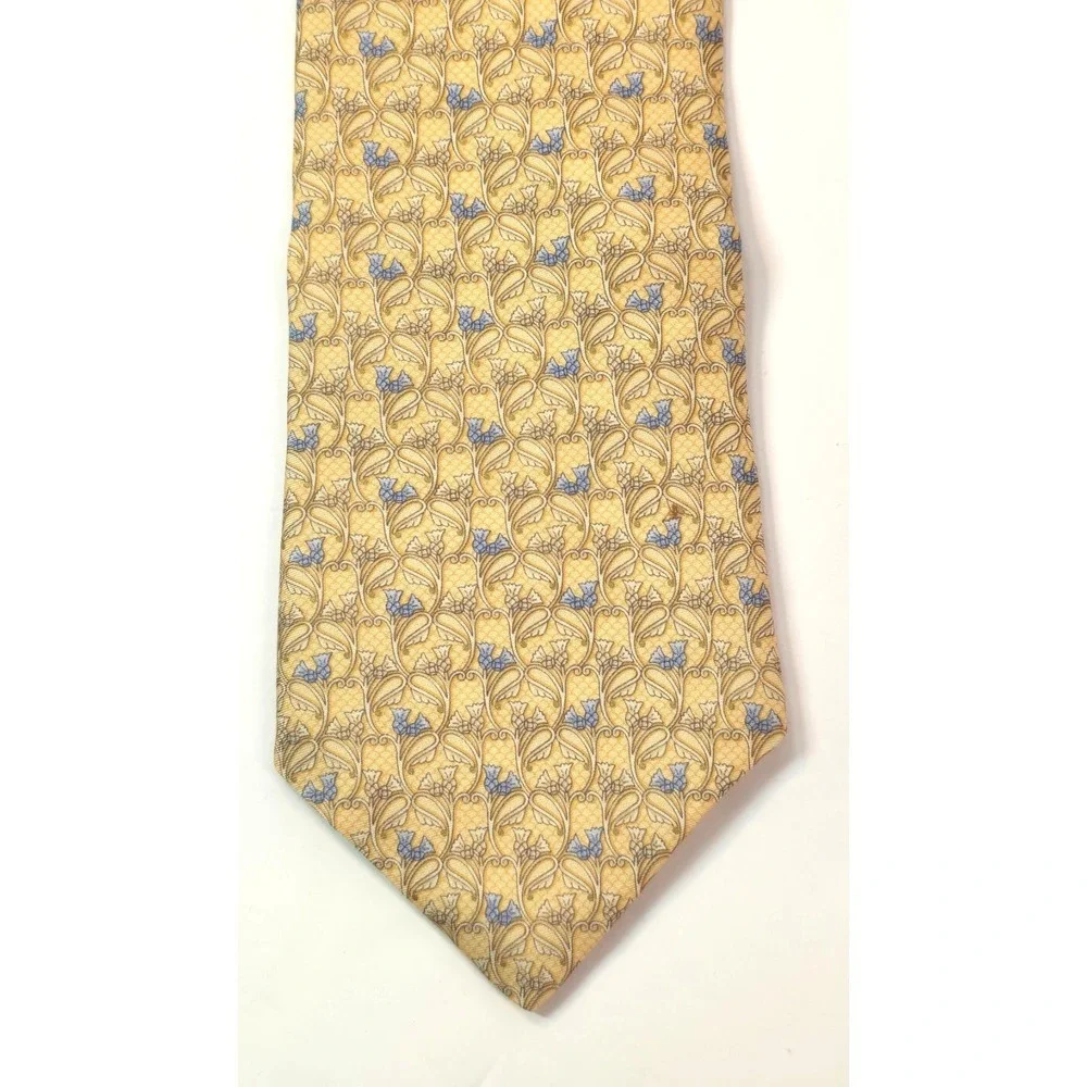 Old River Silk Tie Medieval Floral Pale Lemon Blue Made‎ France 60.2